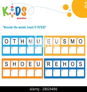 Dekodieren Sie die 5-Buchstaben-Wörter. Arbeitsblattübung für Kinder im Vorschulalter, in der Grundschule und in der Mittelstufe. Spaß Logik Puzzle Aktivität Blatt. Stock Vektor