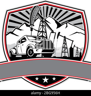 Retro-Stil Illustration eines Pick-up-LKW mit Öl-Derrick, Berg und Sonnenstich im Hintergrund gesetzt innerhalb Wappen, Schild oder Abzeichen auf isolierten Backgr Stock Vektor