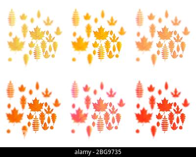 Set mit Herbstblättern oder Herbstlaub-Ikonen. Ahorn, Eiche oder Birke und Eberesche. Herbstblätter für Pappel, Buche oder Ulme und Espen für saisonal Stock Vektor