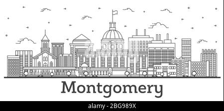 Skizzieren Sie die Skyline von Montgomery Alabama City mit modernen Gebäuden, die auf White isoliert sind. Vektorgrafik. Montgomery USA Stadtbild mit Wahrzeichen. Stock Vektor