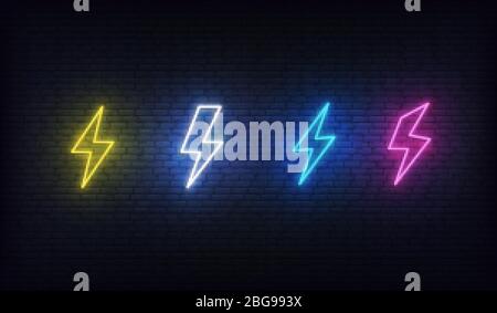 Blitzableiter Neon. Energy Neon Set. Zeichen von Blitz, Donner und Elektrizität. Stock Vektor