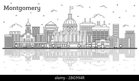 Skizzieren Sie die Skyline von Montgomery Alabama City mit modernen Gebäuden und Reflections isoliert auf Weiß. Vektorgrafik. Stock Vektor