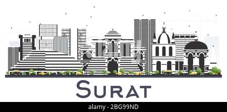 Surat Indien City Skyline mit Farbe Gebäude isoliert auf Weiß. Vektorgrafik. Stock Vektor