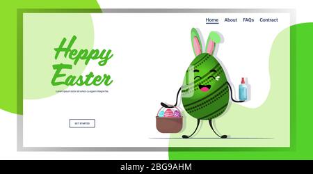 Grün dekoriertes Ei mit Hasenohren halten Korb und antibakterielle Spray glücklich ostern Frühling Urlaub coronavirus Pandemie Quarantäne Konzept Grußkarte Schriftzug horizontalen Vektor Illustration Stock Vektor