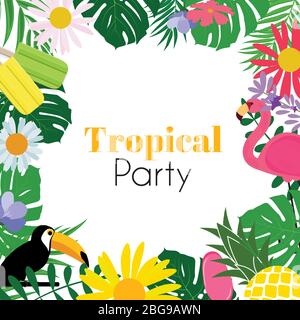 Abstrakter Tropical Party Hintergrund mit Palmenblättern, Flamingo, Blumen und Tukan. Vektorgrafik Stock Vektor