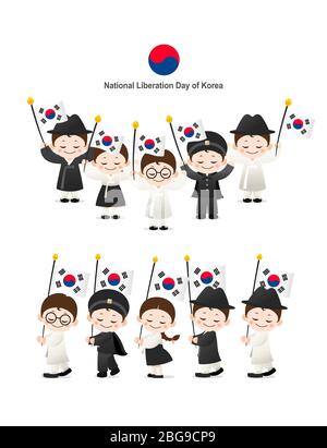 Tag Der Befreiung. Koreanische hanbok-Kinder halten die Nationalflagge. Stock Vektor