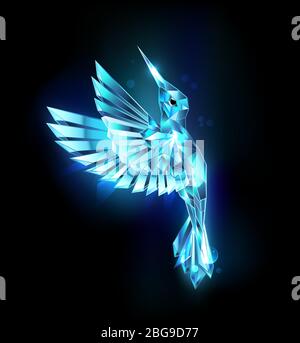 Eiskristall fliegender Kolibri auf glühend schwarzem Hintergrund. Blauer Low Poly Vogel. Colibri. Stock Vektor