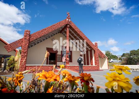 Wahiao Meeting House, Whakarewarewa Maori Village, Rotorua, Nordinsel Neuseeland Stockfoto