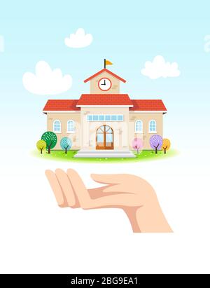 Sonniger Tag, Schulbau und Betreuung, Handkooperation, Konzept Illustration Design Stock Vektor