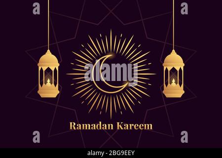 Ramadan Kareem Grußkarte. Arabische Festkomposition mit goldenen Laternen und Halbmond umgeben von Strahlen, islamisches Symbol. Vektorgrafik Stock Vektor