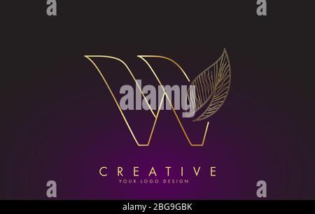 Outline Golden Letter W Logo Icon mit Wired Leaf Concept Design. Buchstabe W mit Naturkonzept. Öko und Organic Letter Vektor Illustration. Stock Vektor