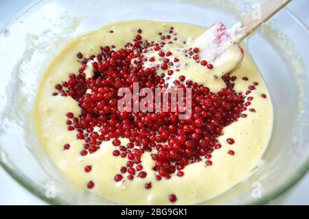 Rezept Reihenfolge der Fruchtschwamm Kuchen Backvorbereitung. Eier, Eigelb, Mehl und Obst zu einem flüssigen Teig mischen. Stockfoto