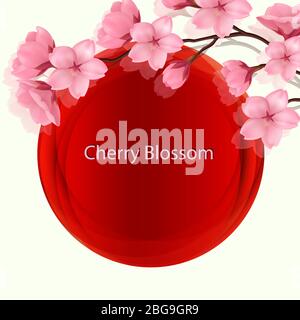 Sakura Blüten oder Kirschblüte mit Kreis rot im orientalischen Thema. Vektor-Illustration von Sakura-Zweig mit rotem Sonnenhintergrund, Kirschblütenvektor. Japanische Illustration für eps 10. Stock Vektor