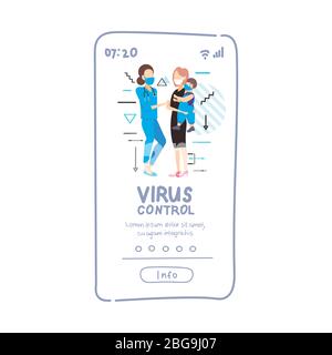 Kinderarzt in Maske Prüfung Kind Junge Patient Besuch Arzt mit Mutter Coronavirus covid-19 Pandemie Virus Kontrolle Gesundheitswesen Konzept kopieren Raum Smartphone Bildschirm mobile App volle Länge Vektor Illustration Stock Vektor