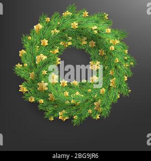 Weihnachtskranz aus realistisch aussehenden Kiefernästen mit goldenen Folienschneeflocken auf schwarz. EPS 10 Stock Vektor