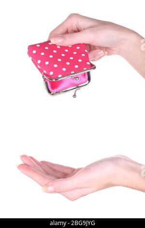 Weibliche Hand, die eine rosa Handtasche isoliert auf weißem Stockfoto