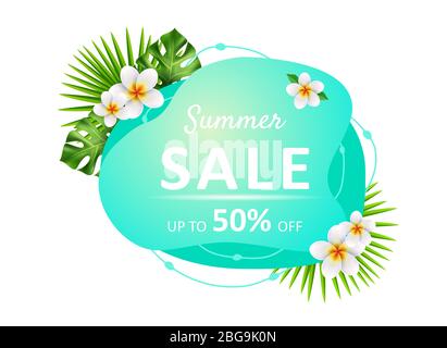 Sommer Sale Flüssigkeit bunten Banner. Etiketten mit tropischen Blättern, Blütenplumeria, Flamingo, flüssiger geometrischer Form. Vorlage für Poster, Web Stock Vektor