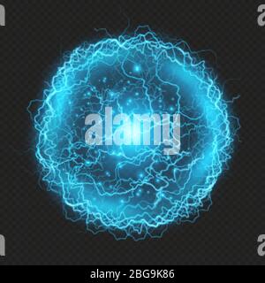 Realistische leistungsstarke elektrische Entladung Blitzschlag Auswirkungen Kugel auf transparenten Hintergrund. EPS 10 Stock Vektor