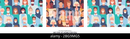 Satz von modernen Vektor nahtlose Muster mit Menschen. Endlose Textur, Druck, Tapete, Hintergrund. Vielen Dank an Ärzte und Krankenschwestern. Wir bleiben bei der Arbeit für Stock Vektor