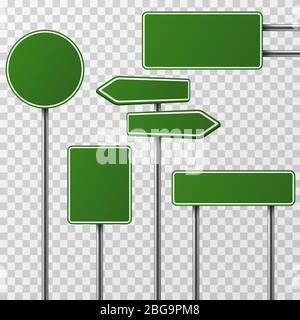 Realistische leere grüne Straße und Straßenschilder isoliert Vektor. Satz von Straßenverkehrszeichen, Wegweiser in Richtung Abbildung Stock Vektor