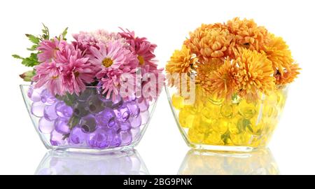 Schönen Blumen in Vasen mit hydrogel isoliert auf weißem Stockfoto