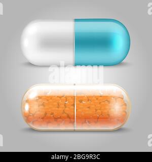 Realistische Pillen Vektor-Design - Medikamente Kapseln Set. Vektorgrafik Stock Vektor
