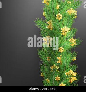 Weihnachtsrand aus realistisch aussehenden Kiefernästen mit Goldfolie Schneeflocken auf schwarz. EPS 10 Stock Vektor