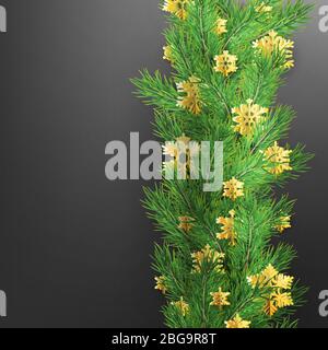 Weihnachtsrand aus realistisch aussehenden Kiefernästen mit Goldfolie Schneeflocken auf schwarz. EPS 10 Stock Vektor