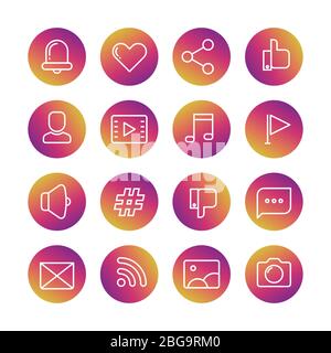 Web, soziale Netzwerke, soziale Medien und Kommunikation Thin Line Icons. Vektorgrafik Stock Vektor