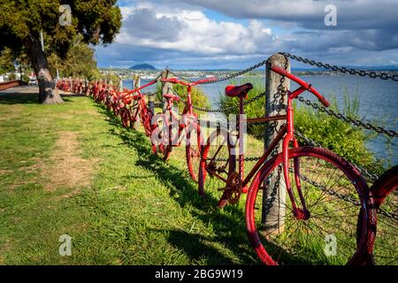 Fahrrad Kunst Installation am Vorland des Lake Taupo, North Island, Neuseeland Stockfoto