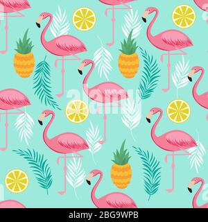 Rosa Flamingo, Ananas und exotische Blätter Vektor nahtlose Muster. Exotisches Sommermuster mit Vogel Flamingo Illustration Stock Vektor