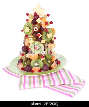 Obst Weihnachtsbaum isoliert auf weiß Stockfoto