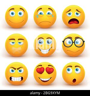 Vektorsatz für gelbe 3d-Emoticons. Lustige Smiley Gesicht Symbole mit verschiedenen Ausdrücken. Cartoon Charakter Lächeln Gesicht, Ausdruck Glück Illustration Stock Vektor