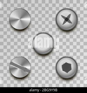 Realistische glänzende Metallschrauben und Nieten auf transparentem Hintergrund Stock Vektor