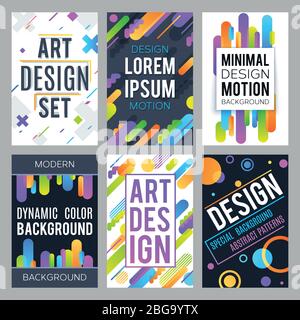 Minimalistisches Design Vektor Hintergrund mit abstrakten dynamischen Farbformen und trendigen geometrischen Mustern Vektor-Set. Illustration von farbigen dynamischen trendigen Broschüre oder Poster Flyer Stock Vektor
