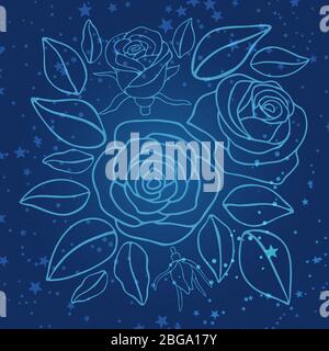 Hand gezeichnet blaue Rosen und Sterne Hintergrund Design. Vektorgrafik Stock Vektor