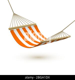 Hängemattenvorlage. Rot-weiß gestreifte Hängematte. Camping oder Picknick Entspannung. Tourismus oder Urlaubskonzept. Vektorgrafik Stock Vektor