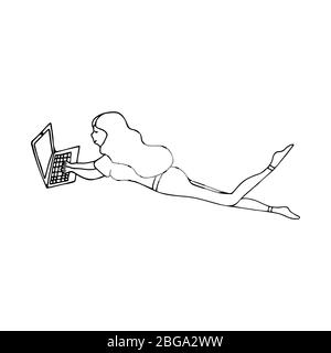 Mädchen liegen arbeitet an einem Laptop zu Hause. Telearbeit, Freiberufler, Heimarbeit. Schwarz-Weiß-Doodle-Vektor Stock Vektor