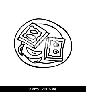 Teller mit Sandwiches und Obstscheiben. Schwarz-Weiß Doodle Illustration Vektor. Frühstück oder Mittagessen Stock Vektor