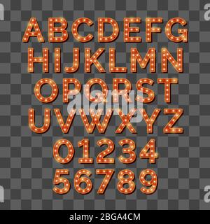 Retro-Glühbirne hell Alphabet isoliert auf transparentem Hintergrund. Vektorgrafik Stock Vektor