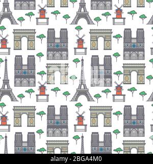 Bunte flache Paris Stadt Wahrzeichen nahtlose Muster Hintergrund. Vektorgrafik Stock Vektor