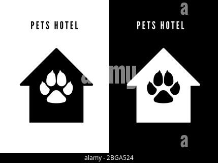 Haustier Hotel Symbol. Schwarzes Haus mit Hund Fußabdruck. Logo für Haustier Hotel. Vektor Stock Vektor