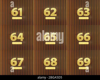Satz von Zahlen von einundsechzig bis neunundsechzig perforiert mit kleinen Löchern auf dem Metallhintergrund. 3D-Darstellung Stockfoto