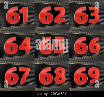 Satz von roten Zahlen von 61 bis neunundsechzig. Jubiläums-Feier-Design mit goldenen Symbolen endloser Knoten. 3D-Darstellung Stockfoto