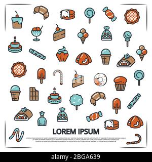 Poster mit Cartoon Farbe süß Desserts Bäckerei Süßigkeiten. Vektorgrafik Stock Vektor