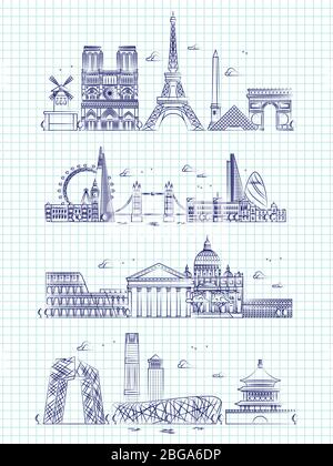 Beliebte Wort Städte Umriss Panorama auf Notebook-Seite. Gebäude Panorama Stadtbild london und rom, paris und hongkong Illustration Stock Vektor