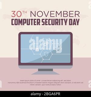 Computer Security Day Brief Emblem in flachem Stil mit Monitor-Grafik. Kalender für jeden Tag am 30. november. Vektorgrafik EPS.8 EPS.10 Stock Vektor