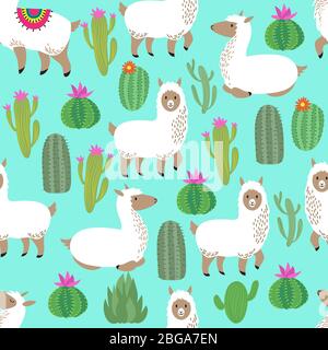 Alpaca nahtlose Vektor-Muster. Niedliche Lama Baby repetitive Hintergrund. Lama- und Kakteen-Muster in Cartoon-Stil Illustration Stock Vektor