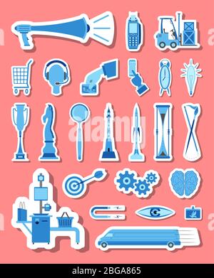 Marketing und Handel Symbole in blauen Tönen gesetzt. Alle Symbolobjekte, Schatten und Hintergrund sind in verschiedenen Ebenen. Stock Vektor