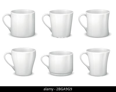 Realistische leere weiße Kaffeetassen mit Griff und Porzellan Tassen Vektor Vorlage isoliert. Tasse Porzellan für Tee und Kaffee Frühstück, realistische Teetasse Illustration Stock Vektor